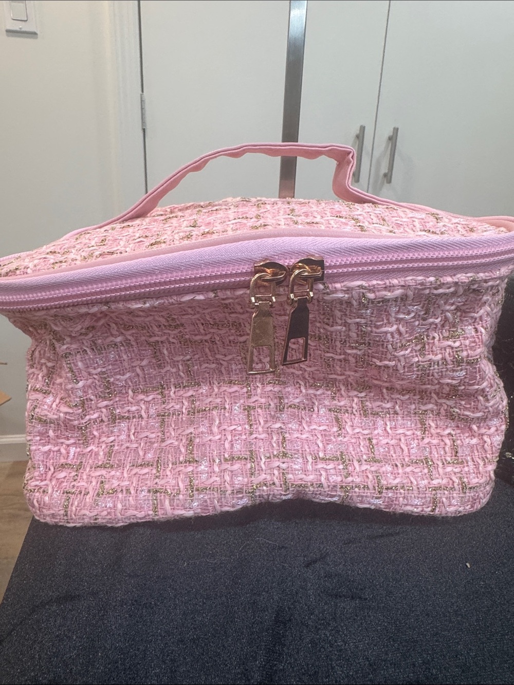 TWO Tweed Cosmetic Organizer Travel Cases with Handle.